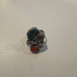 Turquoise, Coral and Sterling silver ring, 1960's, handmade from Arizona